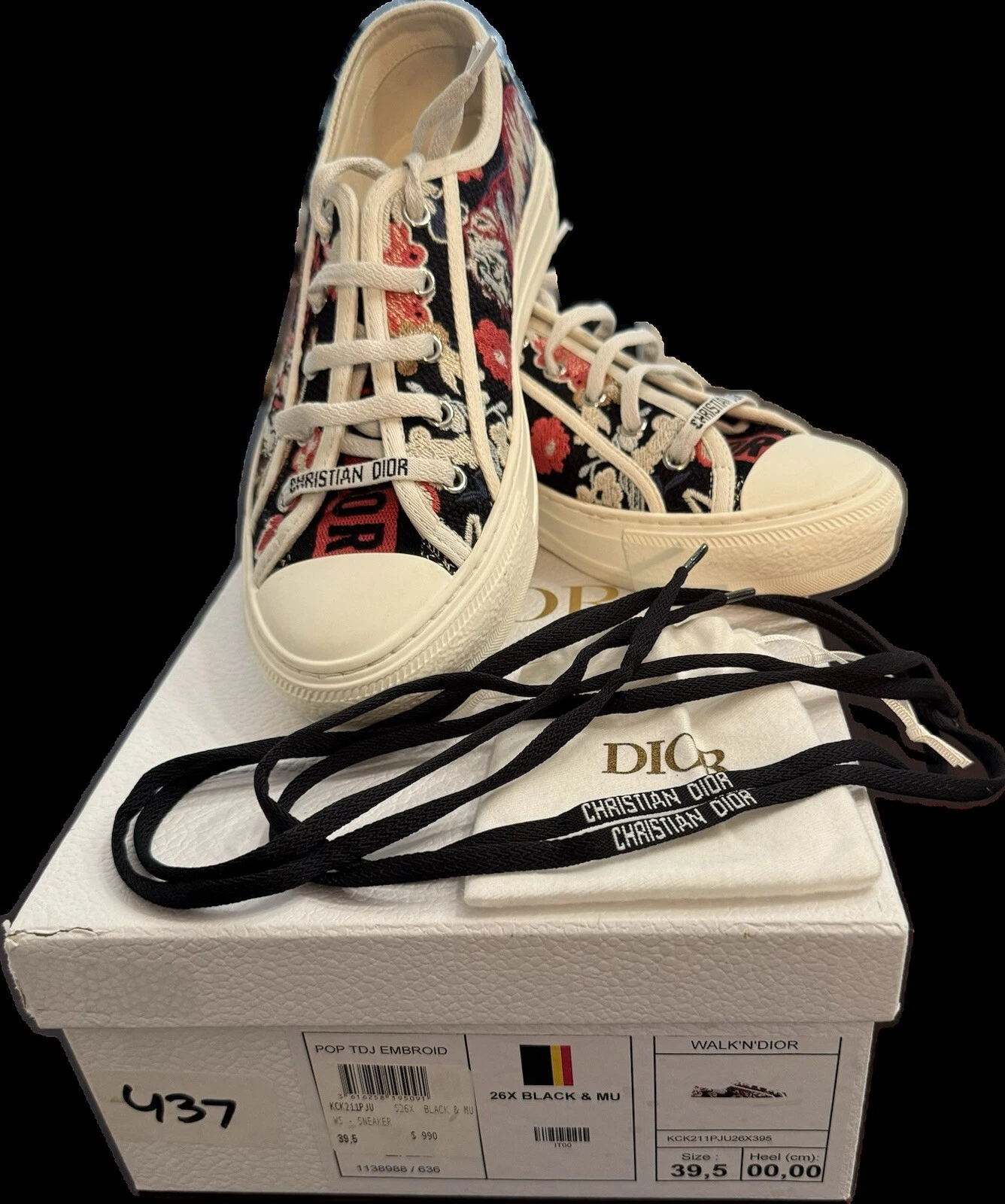 Baskets Christian Dior Walk’N’Dior 39,5 noires multicolores à fleurs lacets bas