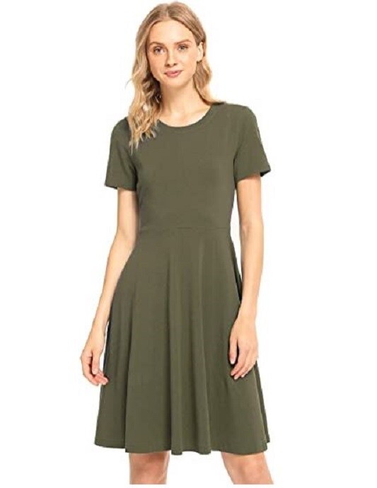 NEW Pintage Short Sleeve Crew Neck Knee Length Skater Dress Army Green Size 2X NEW Pintage Short Sleeve Crew Neck Knee Length Skater Dress Army Green Size 2X