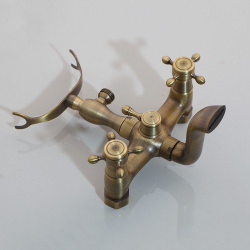 Deck Mounted Clawfoot Bathtub Tap Handheld Shower Gold Vintage Mixer Tub Filler - Picture 24 of 60