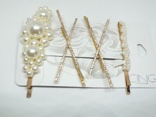 Beautiful Hair Clip Set 4 Gold Tone White Beads Clear Rhinestones Original CING