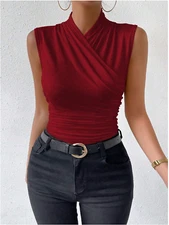 Raffinéa Women'sFashion Summer Solid Color Crisscross Pleated Sleeveless TankTop