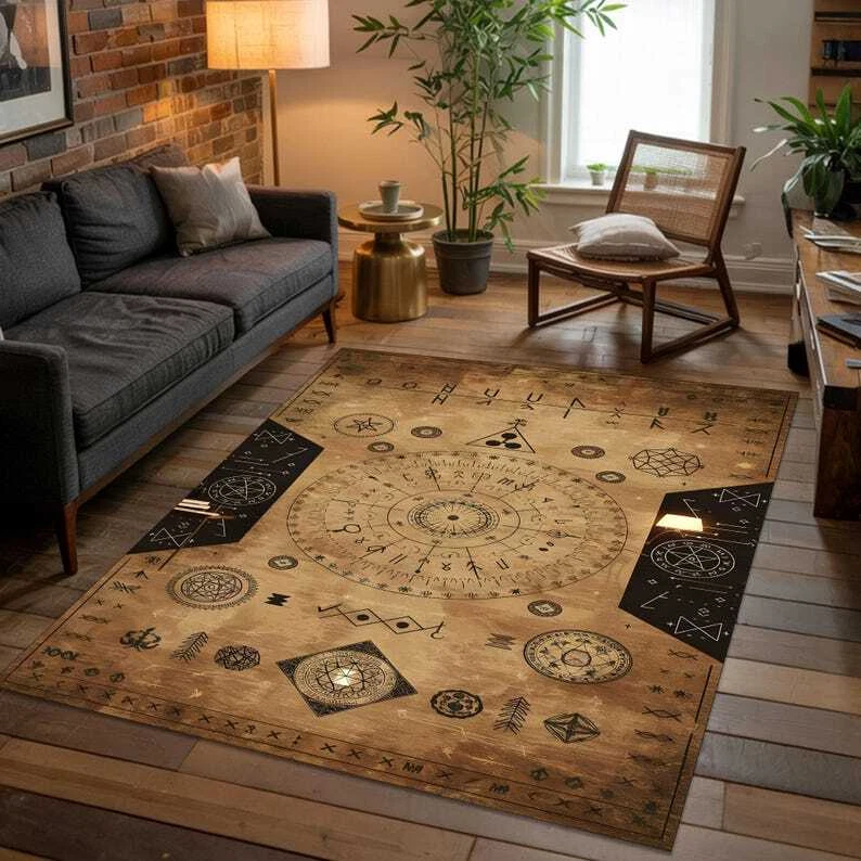 Ancient Spell Circle Rug - Esoteric Symbols, Occult Design, Alchemy Floor Mat - Image 3 of 4