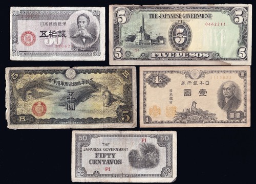 Japan Old paper money LOT 5pcs. "5YEN ,1YEN,50SEN,5PESOS,50CENTAVOS" 1938-1948