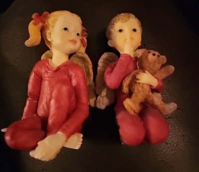 1996 Sue Lordi Figurines Pajama Angel Girl & Teddy Bear Boy -Wings Vintage