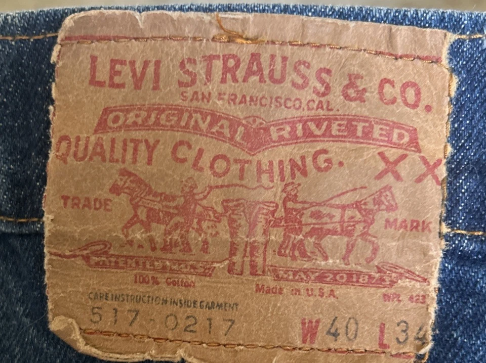 Pantalones de mezclilla vintage Levis 517 0217 corte bota garra 42 cremallera lengüeta roja talla 40x34 EE. UU. Foto 2 de 4