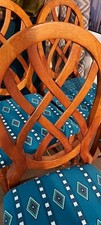 4 Wood Dining Chairs Medium Wood Upholstered Padded Blue Geometric Seat 100cm