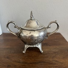 Vintage Silverplate Twin-Handled Sugar Bowl with Tarnished Spoon — listing 2