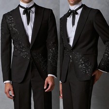 Luxury Men Suits 2pcs Bead Slim Fit Formal Peak Lapel Groom Prom Single Breasted