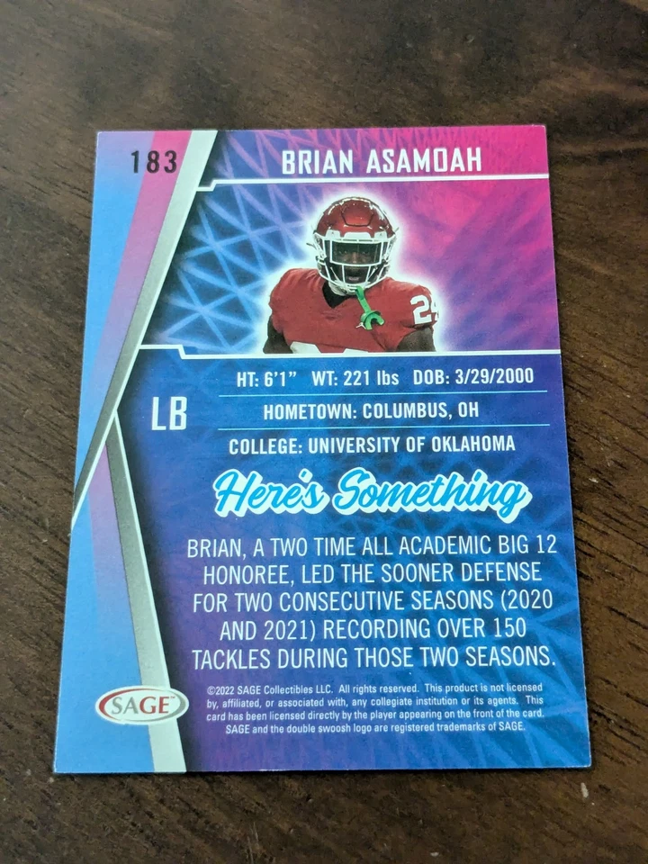 2022 SAGE High Series Football Brian Asamoah RC U.Oklahoma/Vikings Card#183 - Image 2 of 2