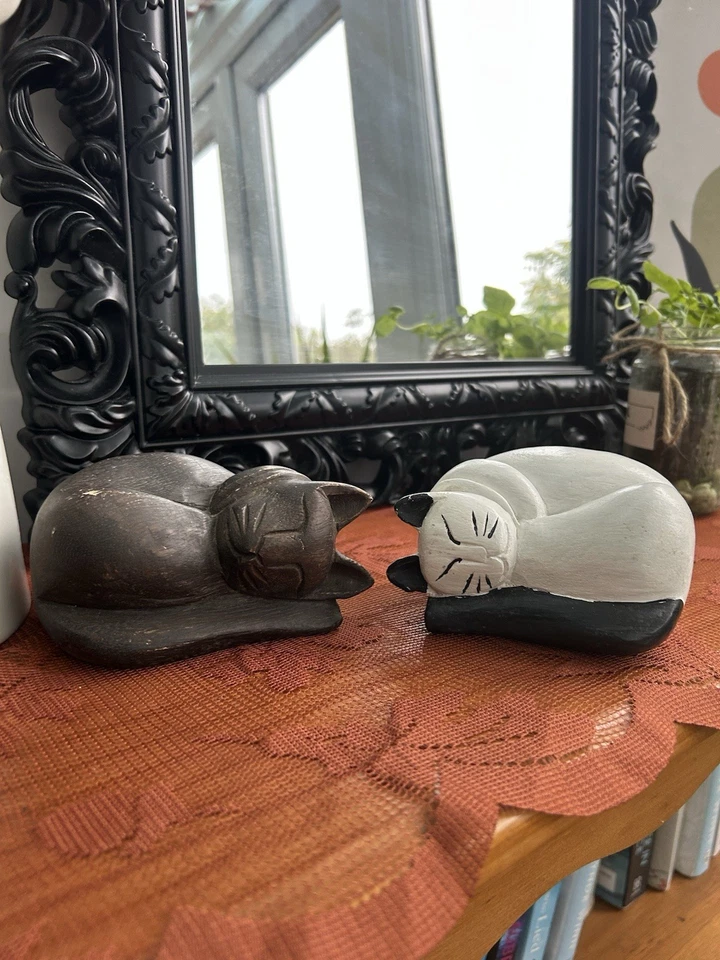 Pair of Hand Carved Wooden Sleeping Cat Figures: Rustic Animal Decor Cottagecore - Image 2 of 4