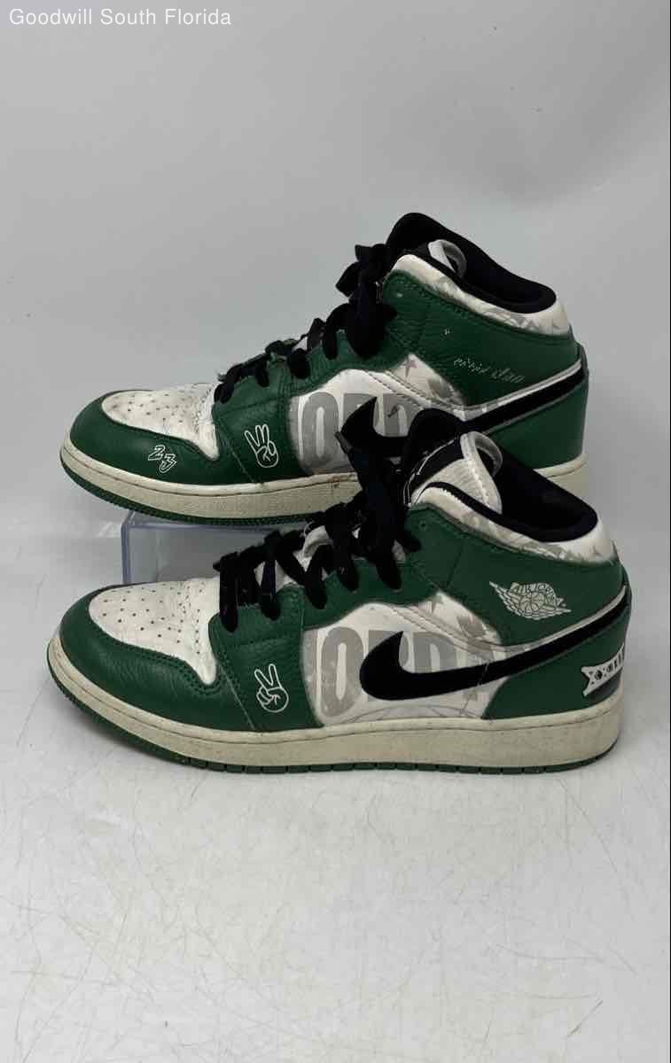 Nike Unisex Kids Air Jordan 1 Mid SE Green Black White Sneakers Shoes Size 7Y