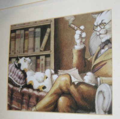 CAT DR FREUD THE CAT IN SESSION PRO-FRAMED ART 17X21'' UNDER GLASS RARE!