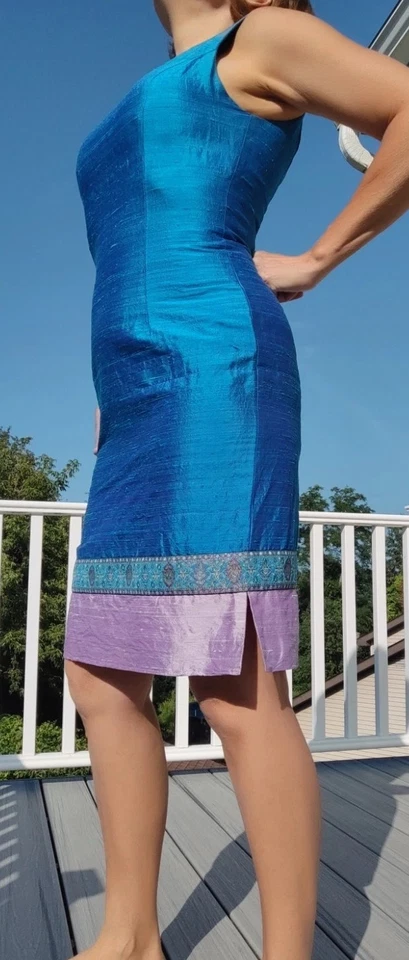 Row Silk 100% Sz 6 Blue Sheath Straigh Dress Ornament Knee Party Wedding Guest - Image 4 of 4