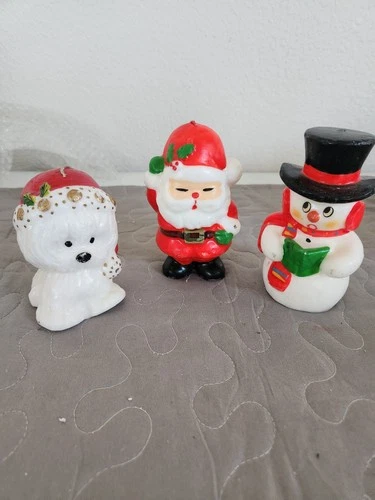 Christmas Candle Trio Santa, Frosty, And Dog In Santa Cap 4" - 5 1/2" New, Unlit - product listing photo