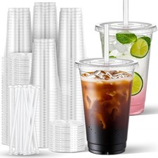 24 oz Clear Plastic Cups with Lids  Straws 100 Disposable Cold Drink Sets