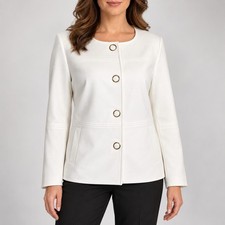 NWT Evan Picone Black Label Women 12 Ivory Collarless Blazer Gold Button Jacket