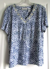 Alfred Dunner Women Short Sleeve Blouse Top XL Cotton/Polyester Blue/White