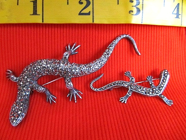 STERLING SILVER 925 PAIR NEWT SALAMANDER LIZARD BROOCH MOCASITE 1 3/4" +  3" PIN