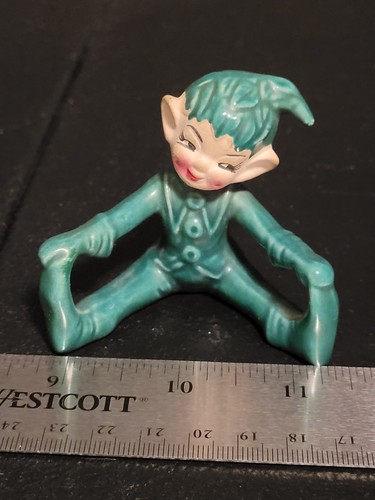 Porcelain MCM Pixie Elf Figures Pair Green Vintage Japan 4" - Picture 6 of 12