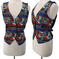 Vintage 90s Nicole Miller Silk Vest Australia Pattern Black Blue Red NEW Large
