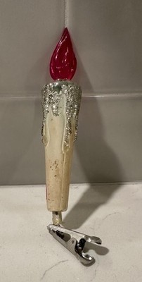 Vintage Silver Glittered Candle Clip-on Christmas Ornament Pink Flame Japan