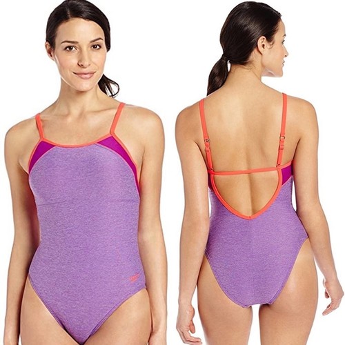 Speedo Heathered Clip Back One Piece Swimsuit Purple 4 - Picture 5 of 11