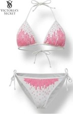 New Y2K Victoria's Secret Sequined Bikini Sz M Medium White Pink Triangle Top