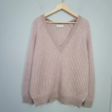 Selected Femme XL Mohair V Neck Ribbed Sweater Pullover Neutral Pastel Pink