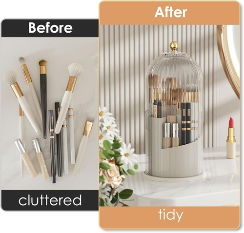 360° Rotating Makeup Brush Holder With Lid Luxury Cosmetic Organizer Storage Box - Picture 5 of 11