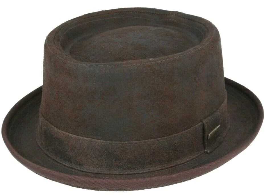 Sheepskin Leather Hat Trilby Pork Pie Fedora Gangster Brown Ladies Mens Boys
