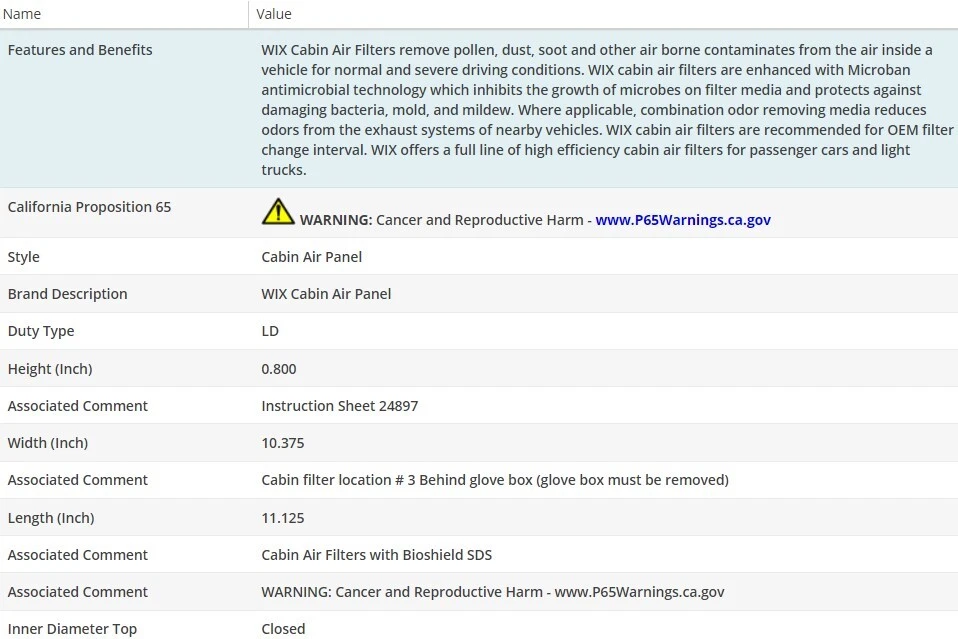 FILTRO DE AIRE DE CABINA OEM WIX para ACURA MDX 2001-2006 V6-3,5 L Foto 2 de 3