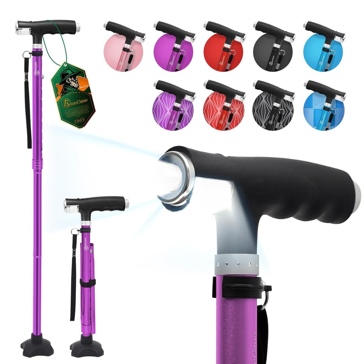 BeneCane Walking Cane for Women Folding Cane for Men with Two Led