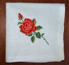 VINTAGE HANKIE 1950s NEW OLD STOCK BEAUTIFUL EMBROIDERED RED ROSE GREEN STEM NEW