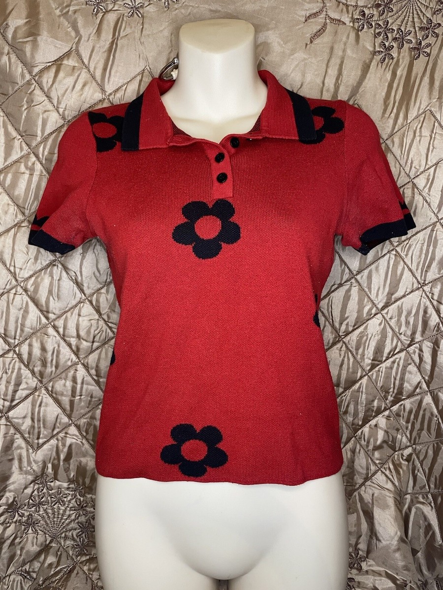 Lazy Oaf Red Black Daisy Print Crop Polo 60% Cotton Stretchy