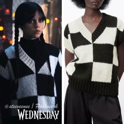 Zara Check Knit Sweater Vest XS ASO Wednesday Addams