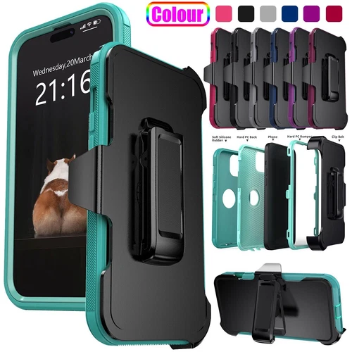For Apple iPhone 14/14 Pro/14 Plus Rubber Soft Case 3in1 Layers Cover Belt Clip