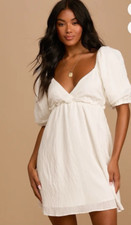 Lulus Take Me On A Stroll White Puff Sleeve Babydoll Dress SZ L