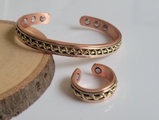 Solid Copper Magnetic Bracelet Ring Set 3 Tone Arthritis Therapy Cuff Set ZigZag