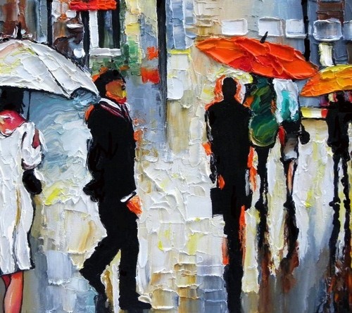 RAINY UMBRELLAS PALETTE KNIFE TEXTURE OIL PAINTING ART BY IVETA - Picture 7 of 9