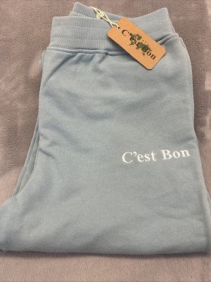 C est Bon Sweatpants Joggers Unisex XL Teal Drawstring Wide Flair Pocket Logo