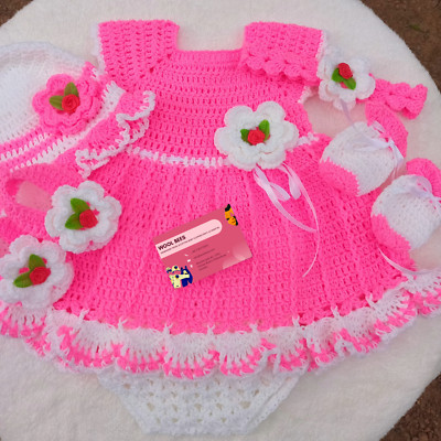 1 - 12 Months - Handmade Pink Baby Girl Crochet Dress Hat, Booties & Mittens