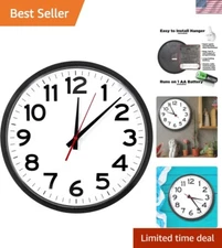 Easy to Read 14-Inch Black Wall Clock - Cordless, Battery-Powered Design