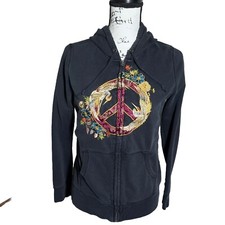 VTG Lucky Brand Embroidered Hoodie Sweatshirt Womens Medium Peace Sign Y2K 90s