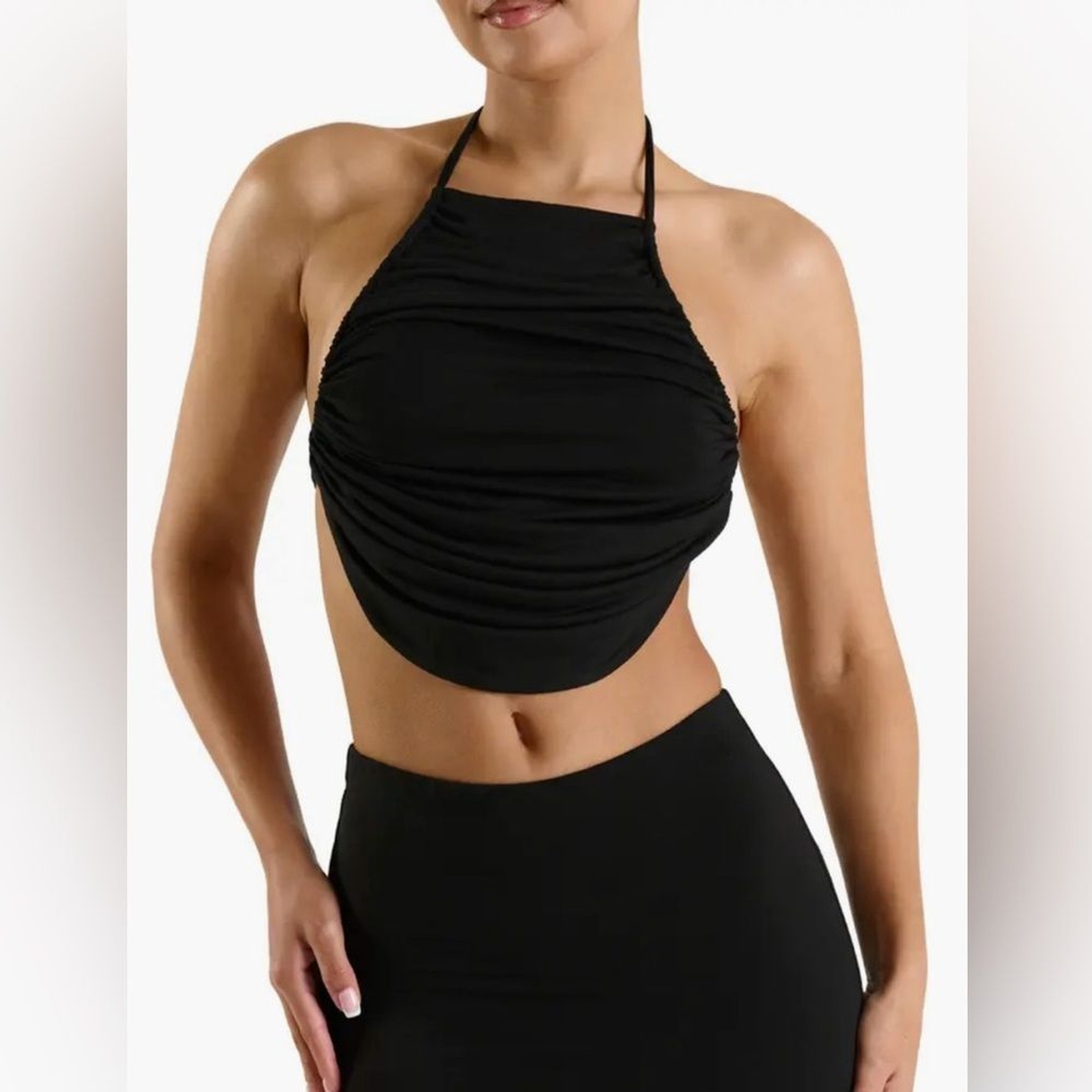 NAKED WARDROBE Shirred Halter Top Size XL Black Cropped Festival Y2K Summer 90s-image