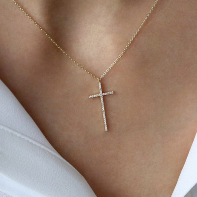 Diamond 1Ct Round Cut Women's Lab Created Cross Pendant 14K Yellow Gold Plated