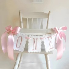 Pink and White Bow ONE High Chair Banner for Girl First Birthday High Chair