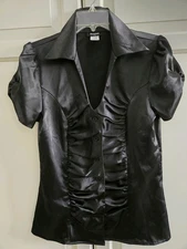 US MADE Women Plunge V Neckline Short-Sleeve Satin Button Up TOP XL 2XL 3X BLACK