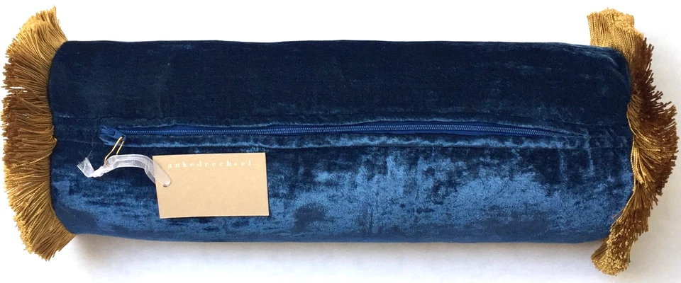 Anke Drechsel Rollkissen PLAIN Gold Franzen Cobalt Blau 100% Seiden Samt Bolster - Bild 3 von 4
