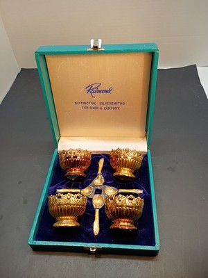 Raimond Cobalt Blue Glass Gold Metal Open Salt Set of 4 with Spoons Boxed 