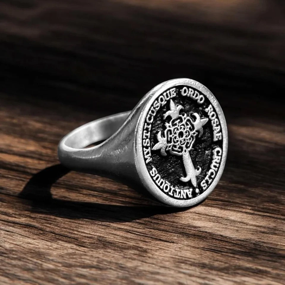 Anillo de sello rosa crucis sagrado anillo símbolo rosacrucismo plata de ley 925 Foto 2 de 4